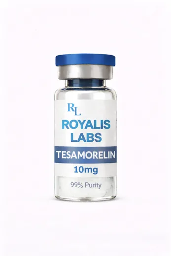 Royalis research vial labelled TESAMORELIN (10mg), batch JAN-151603